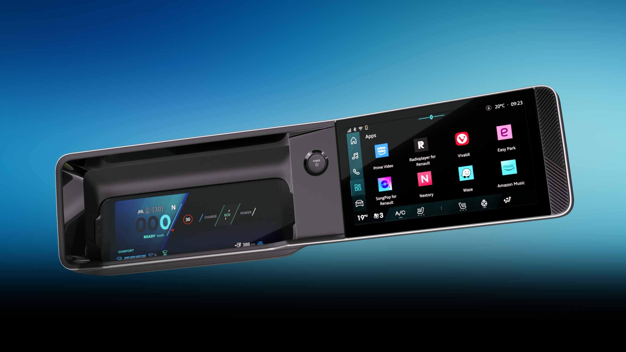 Førerplassen i Renault 4 E-Tech electric med openR link.